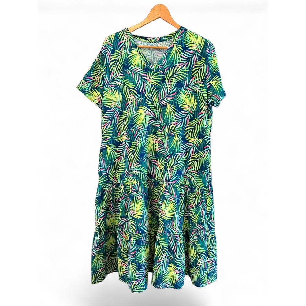 Lands End SS Baltic Teal Palm Print V-Neck Casual Dress with Pockets L (14-16)